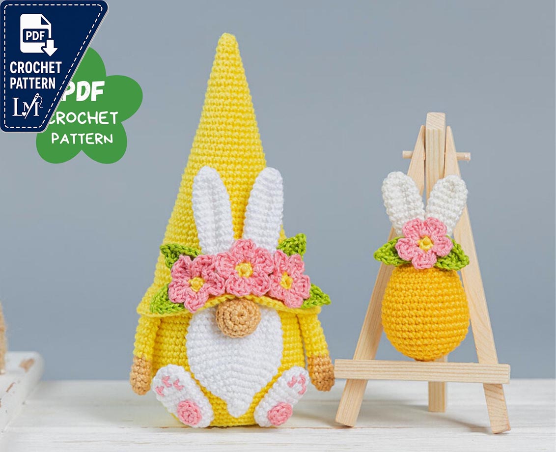 Easter Crochet bunny pattern, Crochet pattern gnome bunny, Crochet Easter gnomes amigurumi patterns, Crochet Easter egg decor pattern